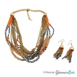 Bohemian Multi Strand Crystal Bead & Chains Fringe Necklace & Earrings Set
